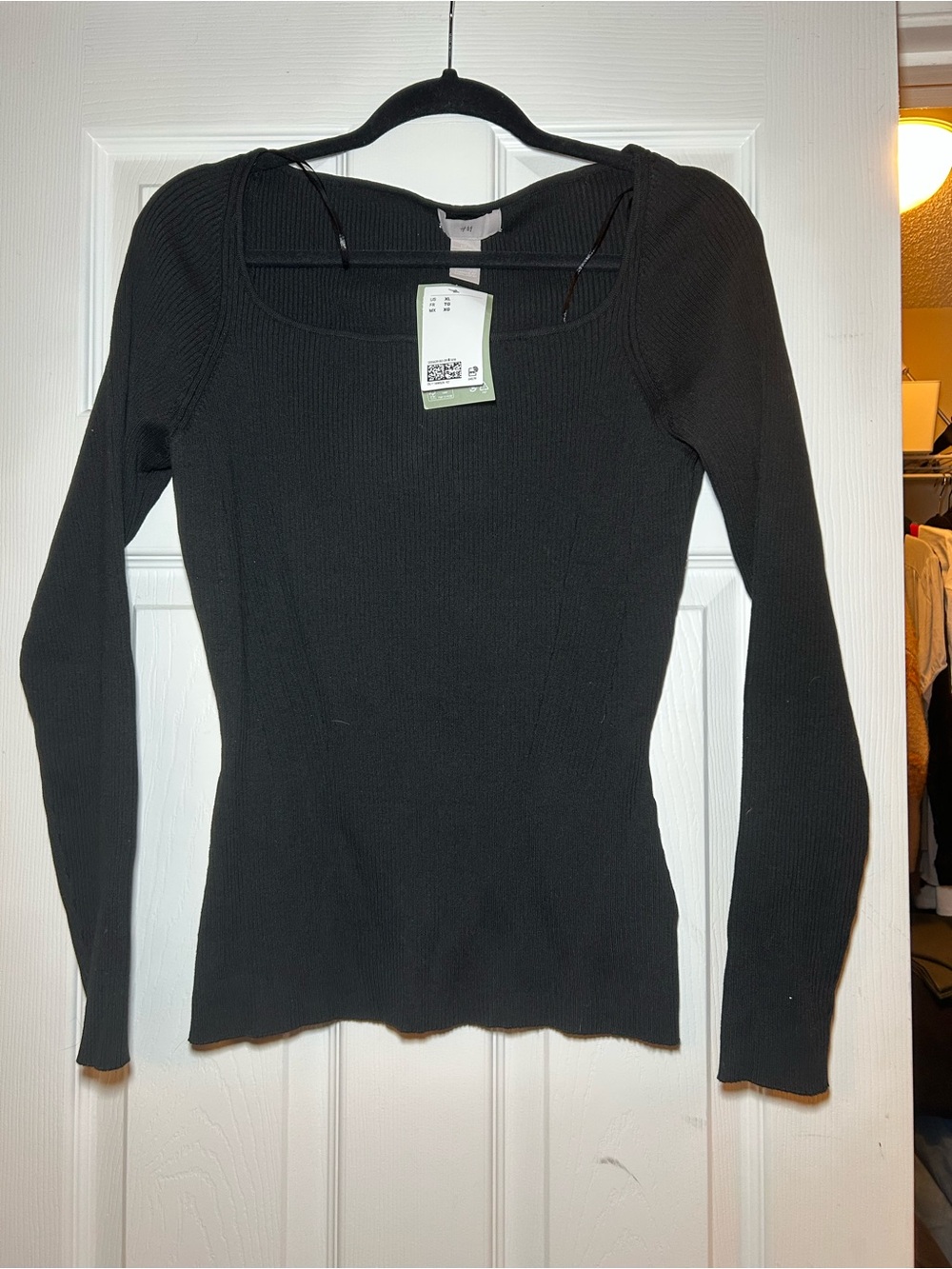 H&M Black Ribbed Long-Sleeve Square-Neck Top